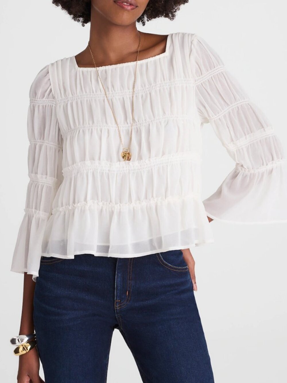 Madewell Squareneck Lightweight Gathered Tiered Top White Size XS NWT